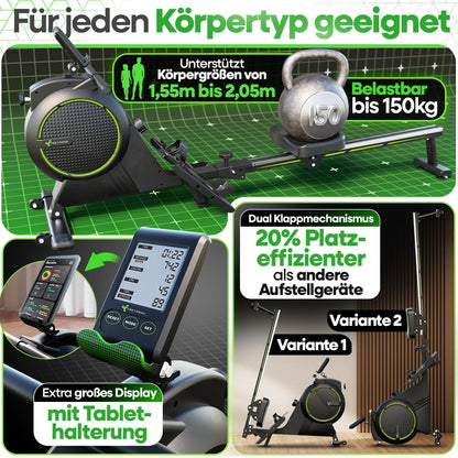 NEU Tretmann Rudergerät für Zuhause Set - extra leise- [Wirbelstrombremse2.0] bis 150KG Zertifiziert | patentiert ErgoKonzept | Rudergerät Magnet Rudermaschine Rudergeräte Ruder Fitnessgeräte